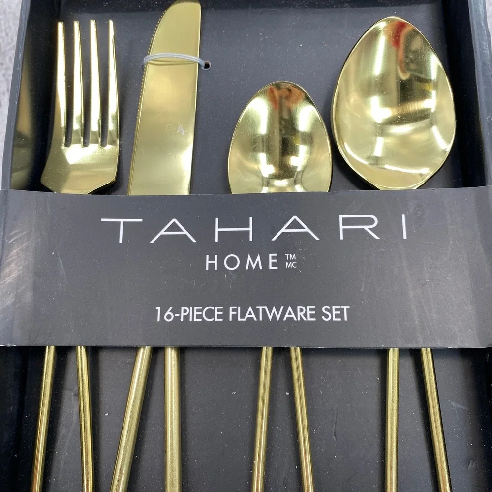 Tahari Home Flatware Set Service for 4 Gold Modern Open Loop Handle 16-Piece